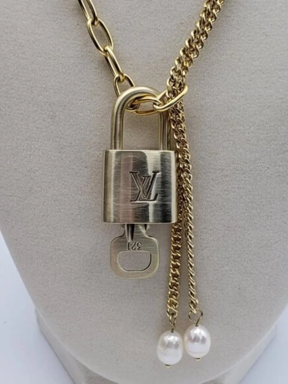 Stainless Steel Gold-Plated Necklace with Authentic Louis Vuitton Padlock
